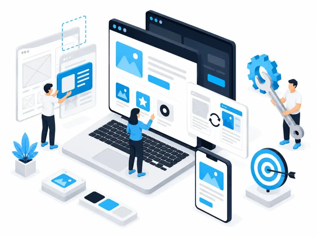 Illustration of a web design team collaborating on a laptop and mobile device.