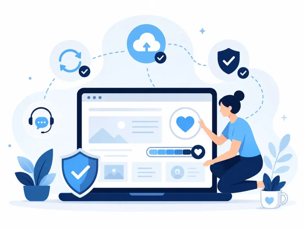 Website care plan illustration showing updates, backups, security and technical support