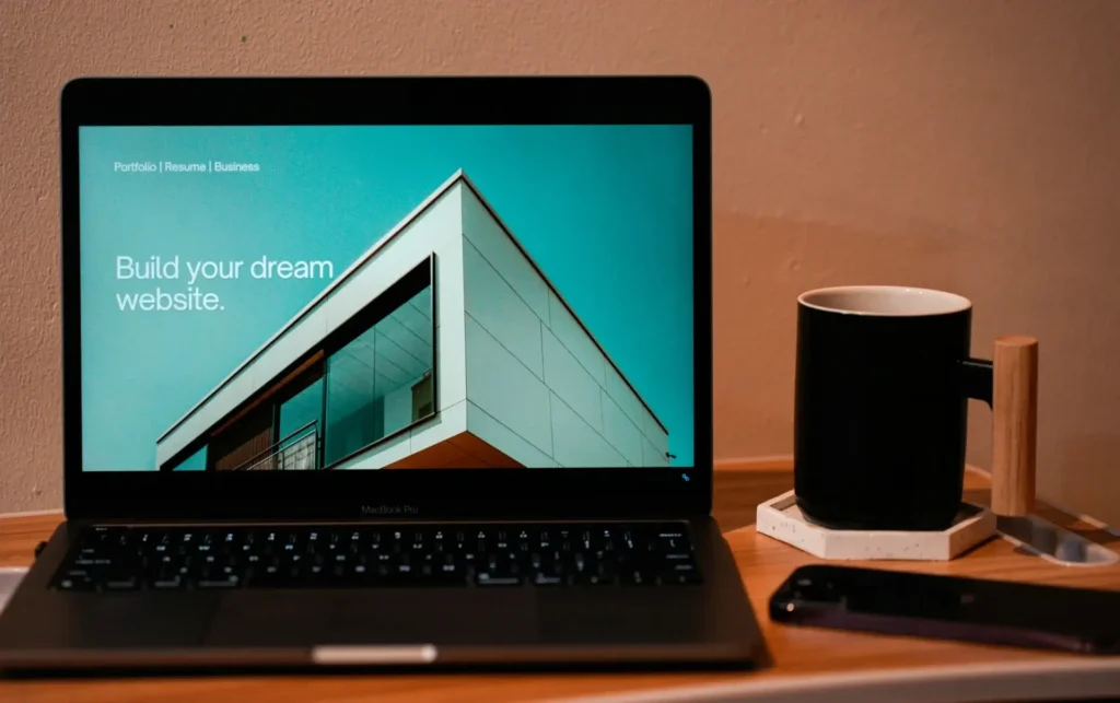 Service business website displayed on a laptop beside a coffee cup and mobile phone